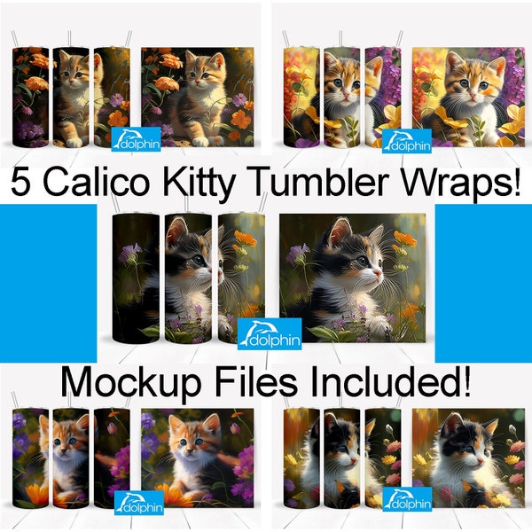 Ensemble de 5 Calico Kitten Tumbler Wraps Cat Kitty Skin Image Files PNG Bundle pour gobelet droit de 20 oz