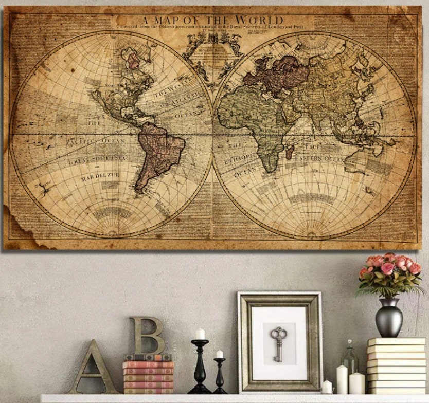 Giant World Map Vintage Canvas Poster Etsy