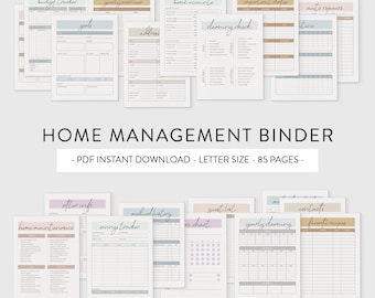 May include: A printable home management binder with 85 pages. The pages are organised into categories such as budget tracker, yearly overview, bank accounts, important dates, auto repairs, cleaning check, sitter info, medical history, guest list, contacts, home maintenance, savings tracker, chore chart, and yearly cleaning. The pages are designed with a minimalist aesthetic and feature a variety of colours and fonts.