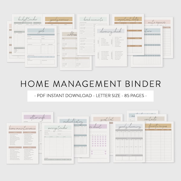 Home Management Binder, Printable PDF Planner, Home Organization Printables, Digital Planner Templates, Household Planner Templates