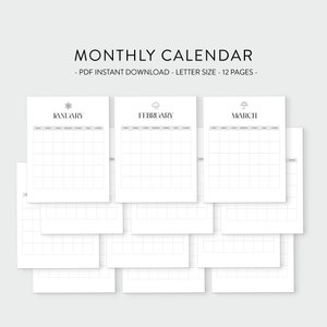 Könnte beinhalten: Ein druckbarer Monatskalender im PDF-Format. Der Kalender ist minimalistisch gestaltet mit einem einfachen Rasterlayout. Der Kalender umfasst die Monate Januar, Februar und März. Jeder Monat hat ein kleines Symbol, das die Jahreszeit darstellt: ein Schneeflocke für Januar, eine Wolke für Februar und ein Regenschirm für März.