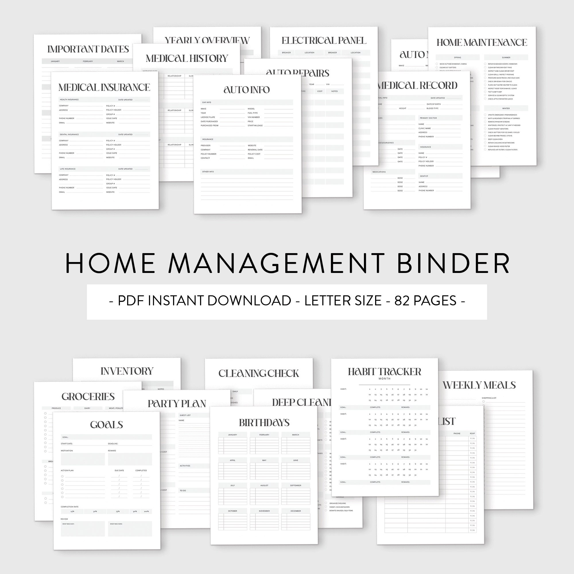 Home Management Binder, Minimal Printable PDF Planner, Home ...