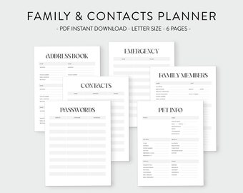 Family Information and Contact Planner | Password List | Emergency Contacts | Pet Info Sheet | Digital Printables | Address Book | Portrait