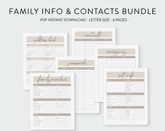 Family Information and Contact Printables | Password List | Emergency Contacts | Pet Info Sheet | Digital Planner | Address Book | Portrait