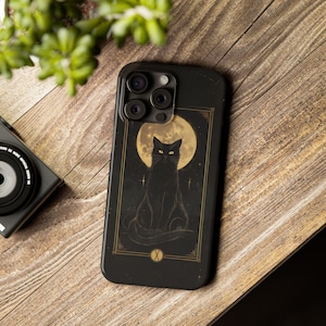 Coque de portable carte de tarot chat noir, coque de portable chat, convient aux iPhone 15 14 13 Plus Pro Max Mini X XR XS 7 8 Idées cadeaux, carte de tarot de chat noir et or