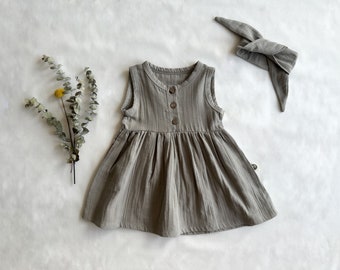 Organic Baby Girl Dress Muslin  linen kids clothing Sustainable baby outfit Summer dress