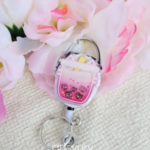 Kitty Boba Badge Reel: 3D Acrylic Epoxy, Metal Carabiner Clip