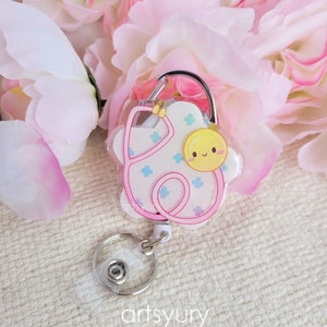 Stethoscope Badge Reel Acrylic and Epoxy | Retractable Belt Carabiner Clip Metal Cord | ID Holder | Healthcare Hospital Office Work