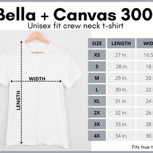 Op de afbeelding: Maattabel voor een Bella + Canvas 3001 unisex crew neck t-shirt. De tabel toont de lengte en breedte in inches voor maten XS tot 4X.