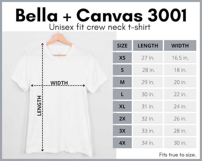 Op de afbeelding: Maattabel voor een Bella + Canvas 3001 unisex crew neck t-shirt. De tabel toont de lengte en breedte in inches voor maten XS tot 4X.