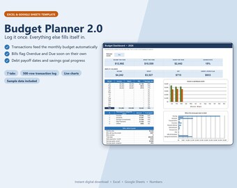 Budget Planner Spreadsheet 2026 | Excel & Google Sheets Monthly Budget Template with Expense Tracker, Bill Tracker, Debt  Savings Goals