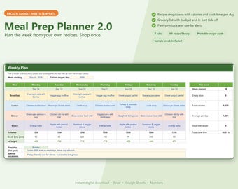 Puede incluir: Una plantilla digital Meal Prep Planner 2.0 para Excel y Google Sheets. La interfaz muestra una cuadrícula de planificación de comidas semanal con filas para desayuno, almuerzo, cena y meriendas, además de columnas para cada día y calorías.