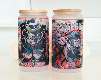 Vaso de vidrio de 16 oz / Anime / Manga / Kawaii / Lindo / Vaso de vidrio con tapa / Pajita reutilizable