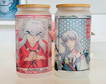 Vaso de vidrio de 16 oz / Anime / Manga / Kawaii / Lindo / Vaso de vidrio con tapa / Pajita reutilizable