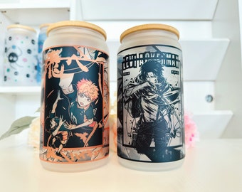 Vaso de vidrio de 16 oz / Anime / Manga / Kawaii / Lindo / Taza de vidrio con tapa / Pajita reutilizable