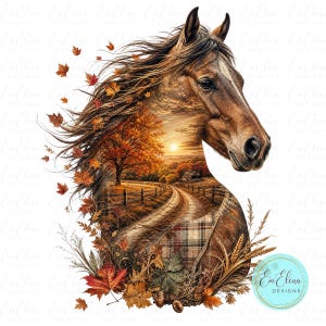 Puede incluir: Una silueta de cabeza de caballo marrón rellena con un paisaje otoñal que muestra un camino de tierra, una casa pequeña y árboles con hojas naranjas. La crin se compone de hojas de otoño y la parte inferior incluye un patrón de cuadros y trigo.