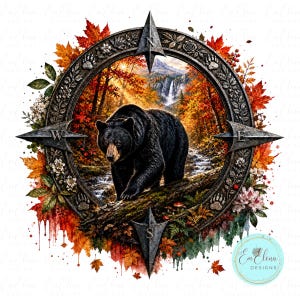 Black Bear Compass Rose PNG Sublimation Design, Double Exposure Mountain Bear, Rustic Wildlife Bear Compass Tee Shirt PNG (Digital Download)