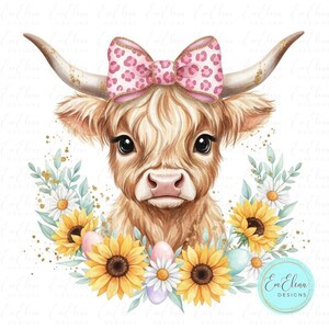 May include: Watercolor illustration of a Highland cow with a pink leopard print bow. The cow is surrounded by sunflowers, daisies, and pastel Easter eggs. Gold glitter accents the floral arrangement.