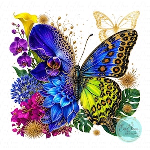 May include: A digital illustration featuring a butterfly with blue and yellow leopard-print wings, integrated with vibrant purple orchids, a yellow calla lily, blue agapanthus, and magenta bougainvillea, accented by gold glitter elements.