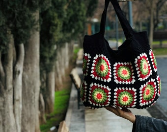 Crochet Bag, Granny Square Bag, Tote bag, Beach bag, Knitting bag, Bohemian Style, Crochet Bag Flower