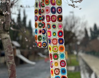 Granny Square Scarf,Crochet pattern,Winter clothing,Womens clothing,Hand Knit Scarf,Colorful Scarf,Anniversary Gift,Valentine's Day