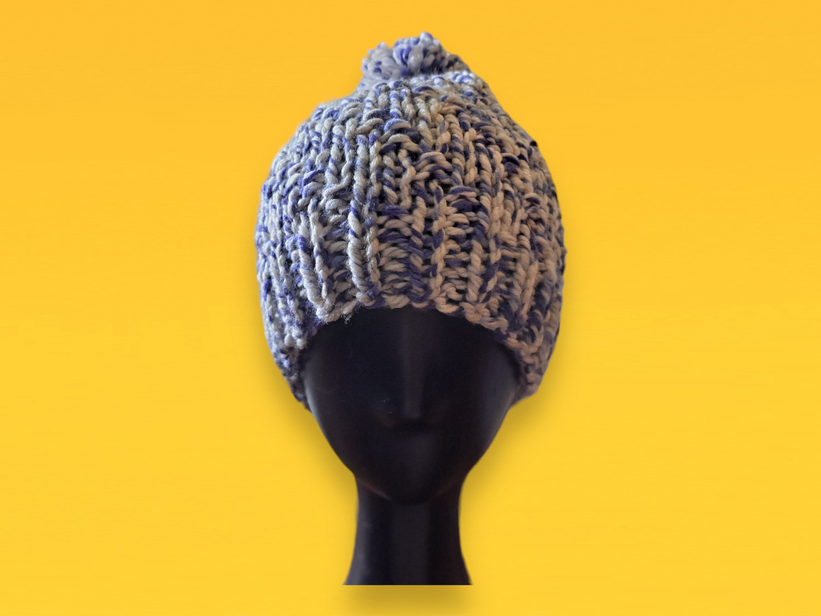 Hand Knit Chunky Variegated Blue White Beanie Textured 