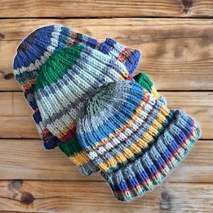 Handcrafted Striped Knit Beanie: Multicolored Scrap Yarn Design