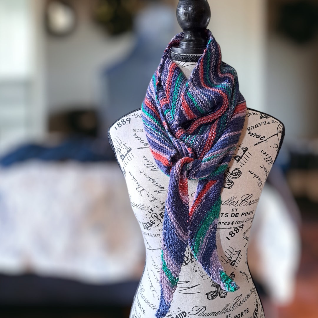Hand Knitted Triangle Scarf in Blue, Multicolour Merino Wool - Etsy