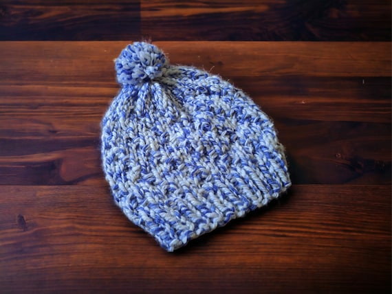 Hand Knit Chunky Variegated Blue White Beanie Textured  display picture 2