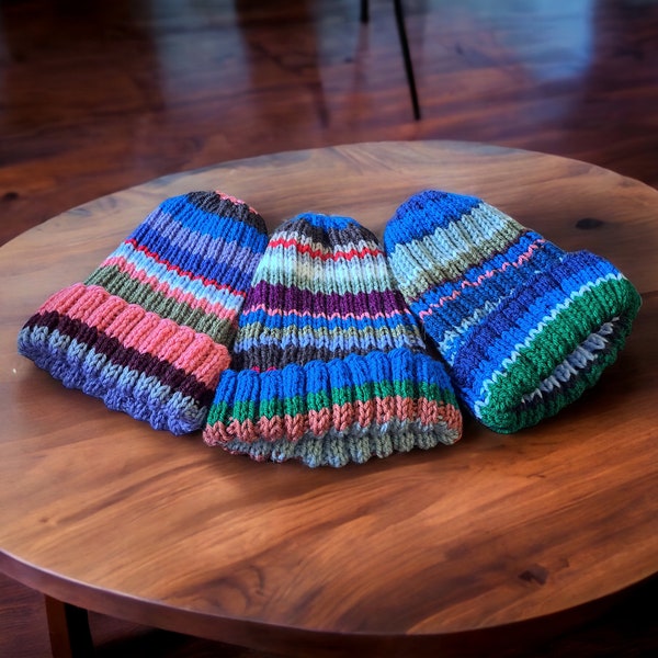 Hand knit Beanie Unique Multicolour Stripes - Multicolour Ribbed Knit Hat - Scrap Yarn Beanie- READY TO SHIP