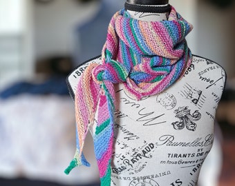 Hand Knitted Shawl, Handmade Merino Wool Scarf,  Hand Knit Multicolour Merino Shawlette, Triangular Scarf, Scarf for Women, READY TO SHIP