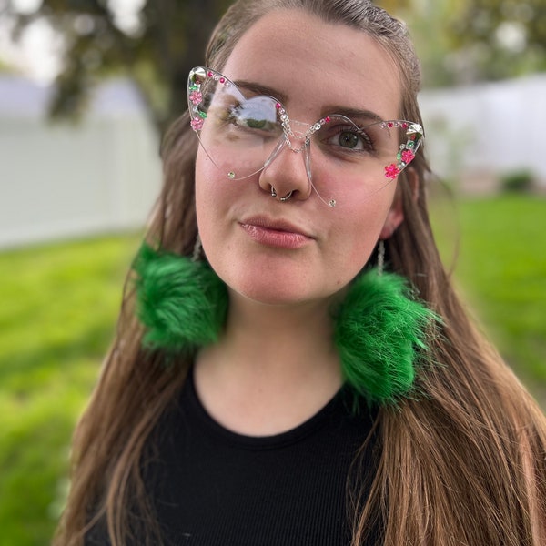 green fluff earrings