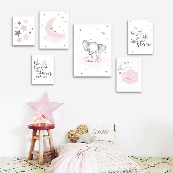 Nursery Decor Girl | Pink Nursery Art | Cute Nursery Art | Nursery Art Baby | Star Nursery Decor | Girl Wall Art | Moon Art Print | Set of 6