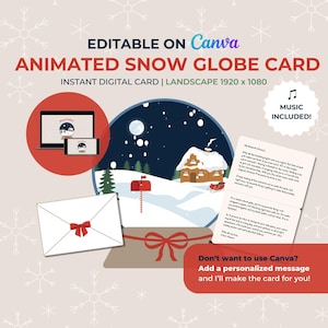 Op de afbeelding: Een digitaal kerstkaartontwerp met een sneeuwbolillustratie met een winterlandschap, een huis en een brievenbus. De kaart bevat de tekst "Animated Snow Globe Card" en biedt personalisatie-opties. Een witte envelop met een rode strik is ook afgebeeld.