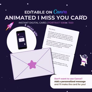 Puede incluir: Un diseño de tarjeta digital con temática espacial, con un sobre morado y blanco con una estrella, un teléfono inteligente y una carta manuscrita. El texto dice "ANIMATED I MISS YOU CARD" y "EDITABLE ON Canva".