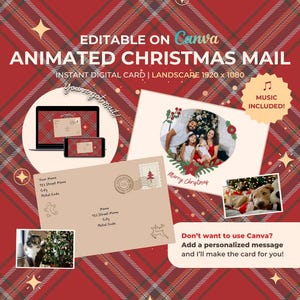 May include: A digital Christmas mail design with the text "EDITABLE ON Canva ANIMATED CHRISTMAS MAIL". The design includes a Christmas card with a family photo, an envelope, and a laptop and phone displaying the card. The background is a red plaid pattern.