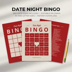 May include: A Date Night Bingo game with 100+ date ideas, editable on Canva, in A4 and Letter sizes, and available for instant download. The design features a red and cream color scheme with a pencil.