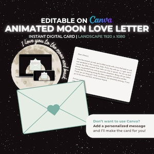 Puede incluir: Diseño de carta de amor digital animada con fondo estrellado. El diseño incluye un sobre azul claro con un corazón, una carta manuscrita y una computadora portátil y un teléfono que muestran la carta. El texto dice "Te amo hasta la luna y de regreso."