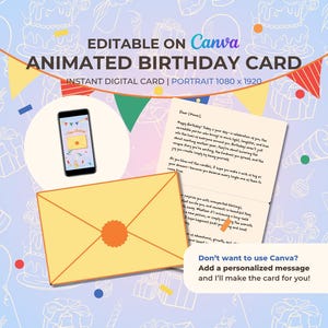 May include: An animated birthday card design with a light blue background featuring birthday-themed illustrations. The design includes a yellow envelope with an orange seal, a smartphone displaying a birthday card, and text that reads "EDITABLE ON Canva" and "ANIMATED BIRTHDAY CARD".