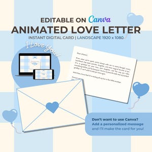 Animierter blau karierter Liebesbrief - Bearbeitbare Canva-Vorlage | Digitale Video Grußkarte | Romantisches Ferngeschenk