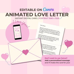 Puede incluir: Un diseño de tarjeta digital con el texto "Carta de amor animada" y "¡Te amo!". Un smartphone muestra una carta de amor. También se muestra un sobre con un corazón y una carta manuscrita. El fondo es rosa.