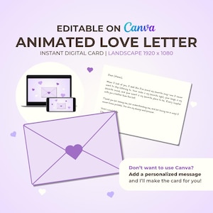 以下が含まれることがあります： Canvaで編集可能な、アニメーション化されたラブレターのデジタルデザイン。デザインは、ハートが付いた薄紫色の封筒、手書きの手紙、手紙を表示するラップトップと電話が特徴です。「Animated Love Letter」というテキストが含まれています。