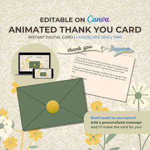 アニメーションサンキューカード – 編集可能なCanvaテンプレート | デジタルグリーティングビデオ | メールまたはテキストですぐにダウンロード