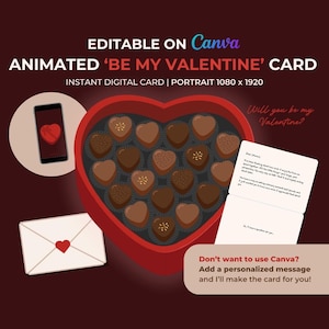 May include: A digital Valentine's Day card with a heart-shaped box of chocolates, a smartphone displaying a heart, and an envelope with a heart. The card is editable on Canva and includes the text "Animated 'Be My Valentine' Card".