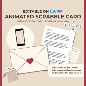 Może przedstawiać: Cyfrowy projekt karty z bordowym tłem. Projekt zawiera smartfon, kopertę z sercem, kafelki Scrabble z napisem "I LOVE U" i arkusz wyników. Tekst na karcie brzmi "EDITABLE ON Canva" i "ANIMATED SCRABBLE CARD".