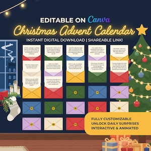 Puede incluir: Un calendario de Adviento de Navidad digital con sobres coloridos, un árbol de Navidad y cajas de regalo. El texto dice "Christmas Advent Calendar" y "Fully Customizable Unlock Daily Surprises Interactive & Animated."