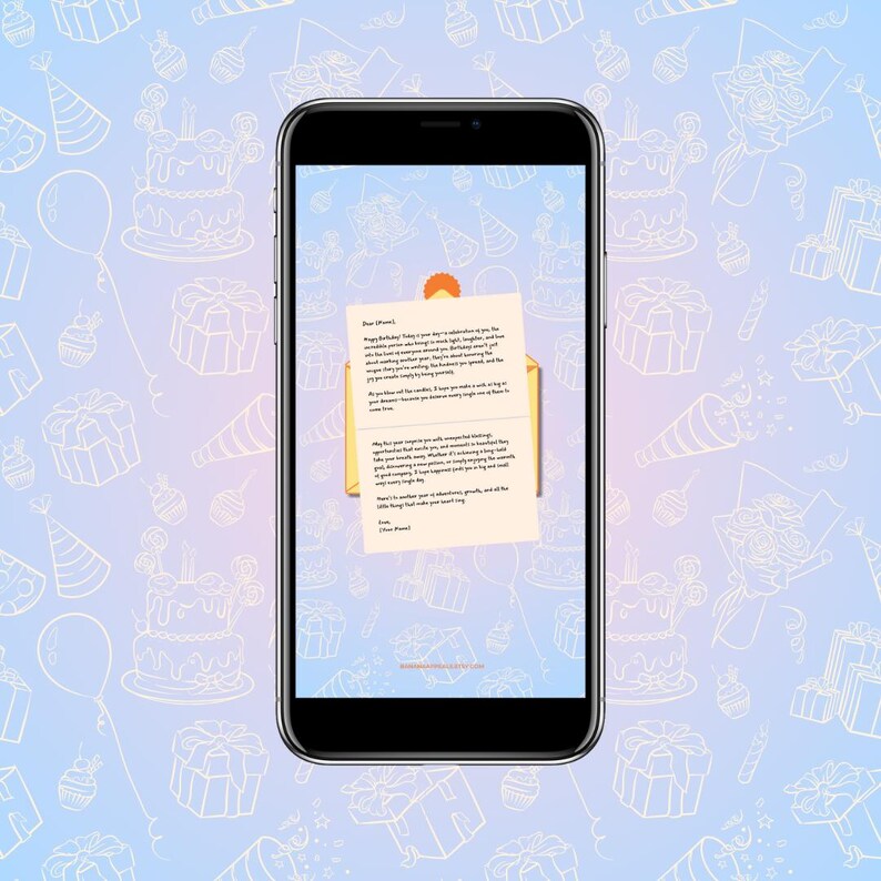 May include: A smartphone displays a birthday card with a handwritten message. The card is in an open envelope, set against a light blue background with white line drawings of birthday cakes, gifts, and balloons. The phone's screen is black.