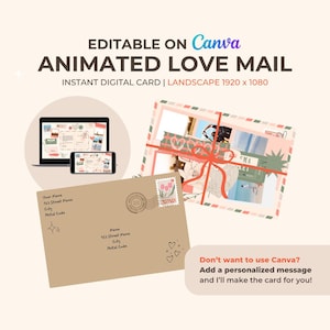 以下が含まれることがあります： Canvaで編集可能な、アニメーション化されたラブメールのデジタルデザイン。住所詳細、切手、ハートの落書きが描かれたベージュ色の封筒が写っています。デジタルカードはラップトップと携帯電話に表示されます。テキストは「ANIMATED LOVE MAIL」と書かれています。