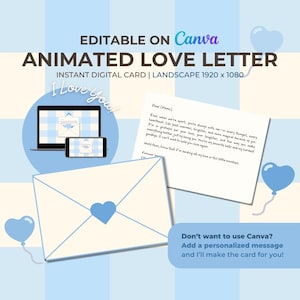 アニメーション付きブルーチェック柄ラブレター – 編集可能なCanvaテンプレート | デジタルビデオグリーティングカード | 遠距離恋愛のロマンチックなギフト