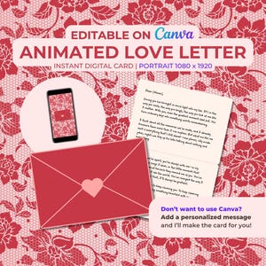 以下が含まれることがあります： 赤い封筒とハート、カードを表示するスマートフォン、手書きの手紙が特徴のデジタルカードデザイン。背景はピンクの花柄レース模様です。「Animated Love Letter」と書かれています。